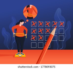 Weight loss diet program concept -  illustration with woman standing on weights and measuring herself, calendar or checklist and pencil