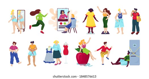 Weight loss, diet set of isolated vector illustration. Overweight woman become thin process. Idea of fitness and healthy diet. Weight loss process. Woman with big belly, person suffer from obesity.