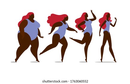 La pérdida de peso es fácil. Juego de chicas corriendo, gordas y delgadas. Antes y después. Antes y después.
