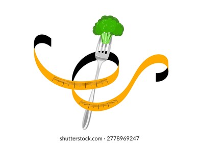 Weight loss, eat diet vector illustration. Fork with fresh broccoli and yellow measuring tape. Concept of nutrition, healthy lifestyle isolated on white background.