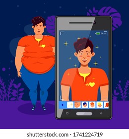 Weight loss. Edit the body using the app on your phone. The fat boy became slim. The screen of the smartphone. Deception of social networks.