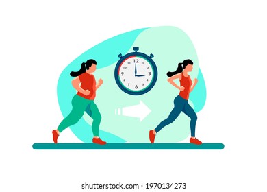 Weight loss. The effect of diet on a person's weight. A plump and slender woman before and after fitness. Color flat illustration.