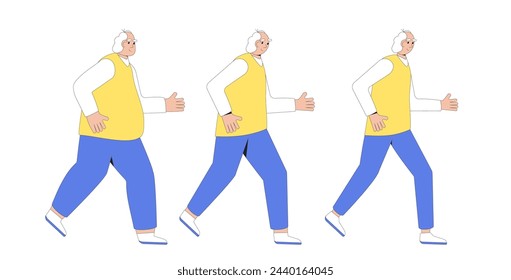 Weight loss elderly man sequence. Before and after sport exercises. Senior male character with different body mass running on white background. Vector flat illustration with outline.