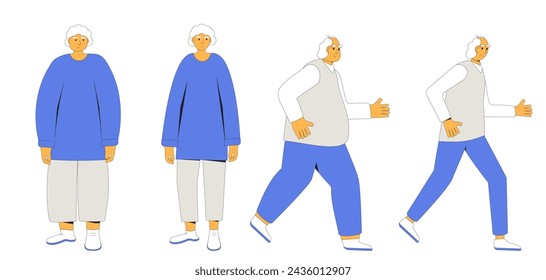 Gewichtsverlust Ältere Menschen Sequenz. Vor und nach den Sportübungen. Ältere Männer und Frauen Charakter mit unterschiedlicher Körpermasse auf weißem Hintergrund. Vektor flache Illustration mit Umriss.