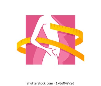 Weight loss emblem (or logo) concept - diet program isolated icon in form of abstract woman silhouette (fat and shapely figure) with measuring tape around 