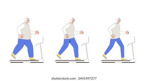 Weight loss exercises elderly man sequence. Before and after concept. Senior male character with different body mass running on treadmill on white background. Vector flat illustration with outline.