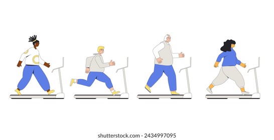 Weight loss exercises on treadmill set. Diversity characters with obesity running on white background. Vector flat illustration with outline.