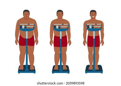 Weight Loss. Fat Patient Black Man. Flat  Cartoon Young Sad Person With Overweight And Happy Person  With Slim Thin Body, Standing On The Scales. Vector Illustration Isolated On White.