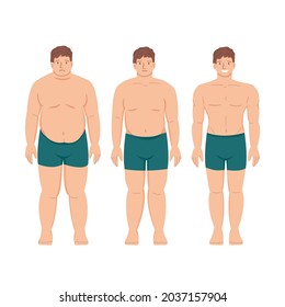 Weight Loss. Fat Patient Obese Man And Young Healthy Thin Person. Athletics And Muscles. Sports And Fitness. Flat Cartoon Vector Illustration On A White Background.
