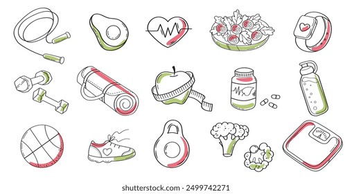 Weight loss, fitness and healthy lifestyle outline illustrations. Vector set of pink and green color elements in doodle style.