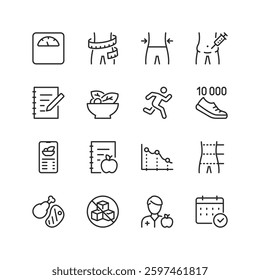 Weight Loss and Fitness, linear style icons set. Healthy lifestyle, diet plan, calorie tracking, and body measurement. Scales, meal tracking, fitness activities, and nutrition. Editable stroke width