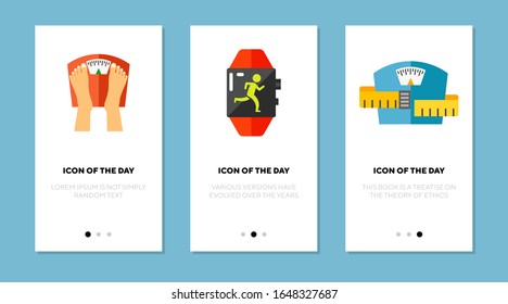Juego de iconos planos de pérdida de peso. Paquetes vectoriales aislados de grasa, fitness. Concepto de deporte y salud. Elementos de símbolo de ilustración vectorial para diseño web y aplicaciones