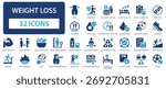 Weight loss flat icons collection. Slim, calories, diet, cardio, sport, manage weight, healthy eating, keto diet, exercise, metabolism, training schedule, protein sign set.
