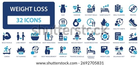 Weight loss flat icons collection. Slim, calories, diet, cardio, sport, manage weight, healthy eating, keto diet, exercise, metabolism, training schedule, protein sign set.