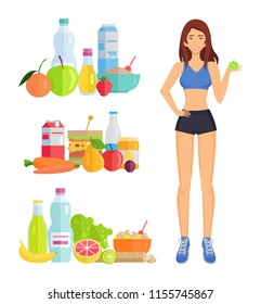 Weight loss and healthy food isolated icons. Veggies vegetables and fruits, banana and orange, strawberry and pear. Bottles with milk and water vector