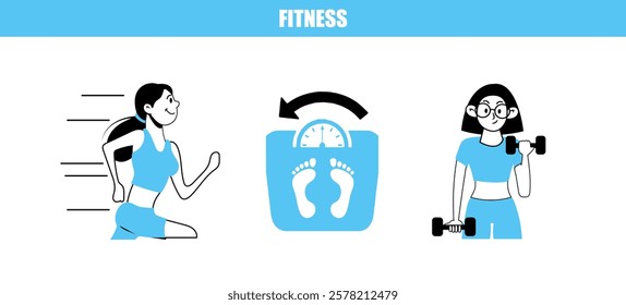 Weight loss and healthy lifestyle concept. Woman exercising, running and lifting weights 