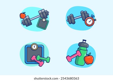 Perda de peso e saudável viver ilustrações conjunto com Dumbbells, Escala, Apple e cronômetro Vetor Design