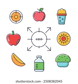 Weight loss, healthy nutrition and calorie concept colorful linear icons. color offset line icons flat color outline vector sign collection set.