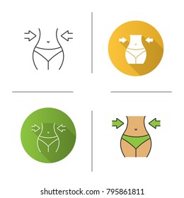 Weight loss icon. Flat design, linear and color styles. Thin waist. Slimming. Isolated vector illustrations