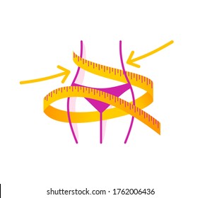 Weight loss icon or logo - fat woman  body in dashed line and slim figure in main color with tape measure entwined around - conceptual vector illustration