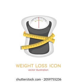 Weight loss icon, measuring tape wrapped around scales shaped of waist. Slimming, fitness, diet, healthy lifestyle. Vector illustration for sport wellness app, weight control application advertising.