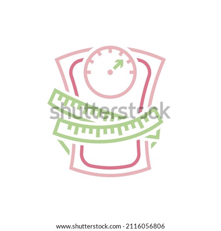Weight loss icon, measuring tape wrapped around scales shaped of waist. Slimming, fitness, diet, healthy lifestyle. Vector illustration for sport wellness app, weight control application advertising.