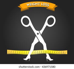 Weight loss icon, Weight Loss scissor with keep walking concept flat color design,measuring tape fitness - vector eps 10