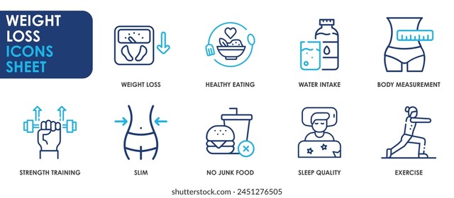 Weight loss icon set. Containing diet, manage weight and so on. Line style icons set related to weight loss.