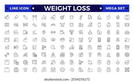 Weight Loss icon set. Containing healthy lifestyle, weight training, body care and workout or exercise equipment icons. 
