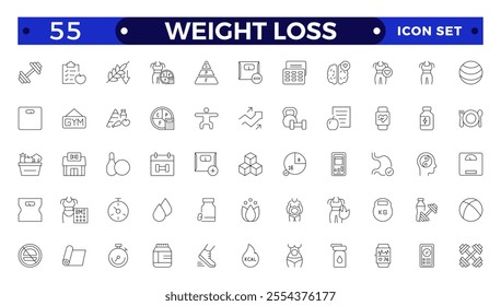 Weight Loss icon set. Containing healthy lifestyle, weight training, body care and workout or exercise equipment icons. 
