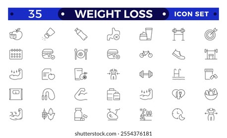 Weight Loss icon set. Containing healthy lifestyle, weight training, body care and workout or exercise equipment icons. 
