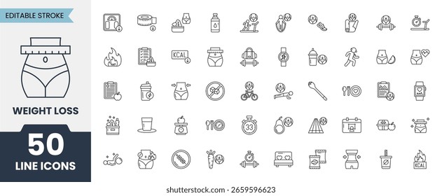 Weight Loss icon set. Containing healthy food, body fat, build muscle,  calories, diet, dumbbells, heart rate and more. Vector illustration