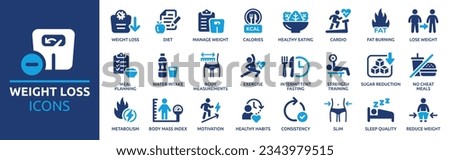 Weight loss icon set. Containing diet, manage weight, calories, healthy eating, cardio, fat burning, meal planning, body measurement and exercise icons. Solid icon collection. Vector illustration. Foto d'archivio © 