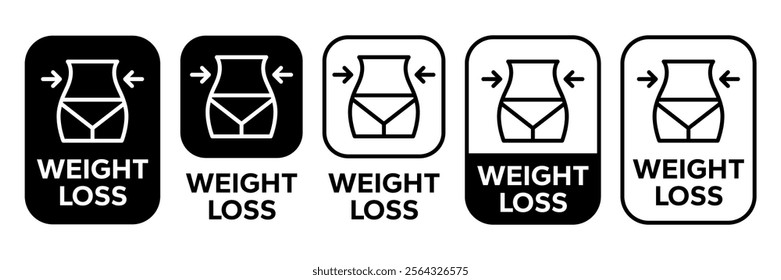 Weight loss icon set. Slim and diet health care services. Weight loss logo, label, badge, symbol, banner, line, flat vector, isolated illustration. Weight loss label for product packaging design.
