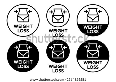 Weight loss icon set. Slim and diet health care services. Weight loss logo, label, badge, symbol, banner, line, flat vector, isolated illustration. Weight loss label for product packaging design.