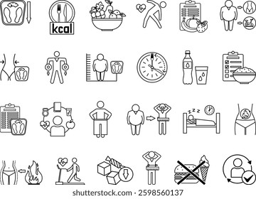 Weight Loss Icon Set. Vector Illustrations Diet, Bathroom Scale, Calories, Healthy Eating, Fat Burning, Body Measurements, Exercise, Strength Training, Metabolism, BMI, Water Intake and More