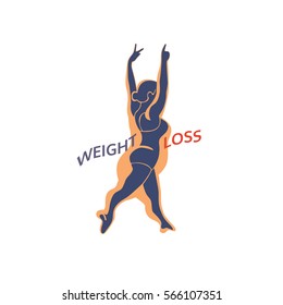 Weight loss icon. Woman Body challenge program concept. Freehand drawn retro style. Vector silhouette losing fat female. Active lifestyle emblem. Fitness logo element. Sport training banner background