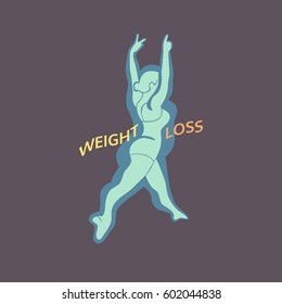 Weight loss icon. Woman Body challenge program concept. Freehand drawn cartoon retro style. Vector losing fat female. Active lifestyle emblem. Fitness logo element. Sport training banner background