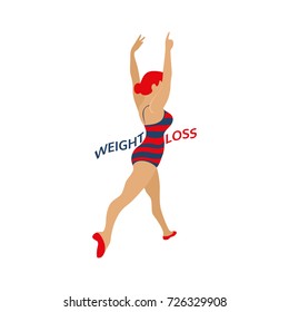 Weight loss icon. Woman Body challenge program concept. Freehand drawn cartoon retro style. Vector losing fat female. Active lifestyle emblem. Fitness logo element. Sport training banner background
