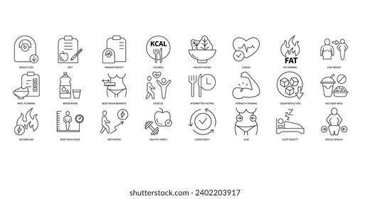 Juego de iconos de pérdida de peso. Conjunto de iconos de trazo editables.Conjunto de vectores de pérdida de peso
