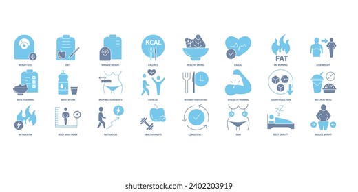 Weight loss icons set. Set of editable stroke icons.Vector set of Weight loss