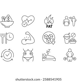 Weight loss icons set. Set of editable stroke icons.Set of Weight loss