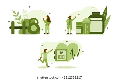 Bildsatz für Gewichtsabnahme. Charaktere verloren Gewicht durch Gewichtstraining und Kardio. danach das Protein mit Molkenprotein ergänzen, Eigenkörperpflege. Vektorgrafik.