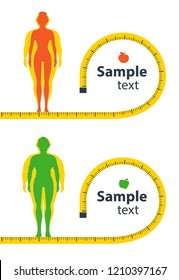 Weight loss. The influence of diet on the weight of the person. Man and woman before and after diet and fitness. Weight loss concept. Fat and thin man and woman. Blank space for your content, template