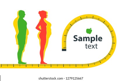 Weight loss. The influence of diet on the weight of the person. Man and woman before and after diet and fitness. Weight loss concept. Fat and thin man and woman. Blank space for your content, template