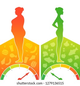 Weight loss. The influence of diet on the weight of the person. Woman before and after diet and fitness. Weight loss concept. Fat and thin woman.Vector template.