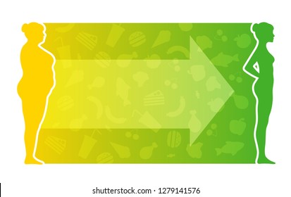 Weight loss. The influence of diet on the weight of the person. Woman before and after diet and fitness. Weight loss concept, healthy lifestyle. Fat and thin woman. Blank space for your content. 