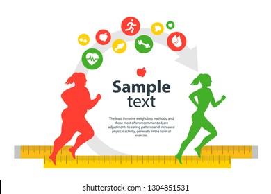 Weight loss. The influence of diet on the weight of the person. Man and woman before and after diet and fitness. Weight loss concept. Fat and thin man and woman. Blank space for your content, template