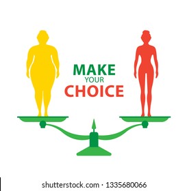 Weight loss. The influence of diet on the weight of the person. Young woman before and after diet and fitness. Weight loss concept. Fat and thin woman. Blank space for your content, template.