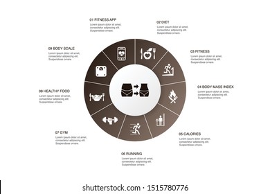 weight loss Infographic 10 steps circle design.body scale, healthy food, gym, diet icons